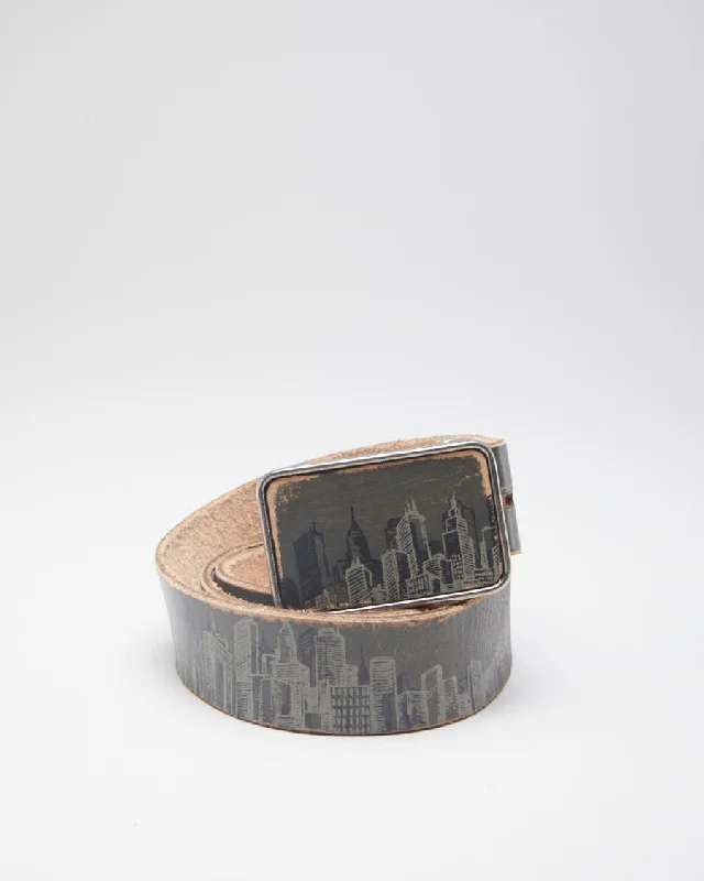 Distressed City Scape Leather Belt - W33