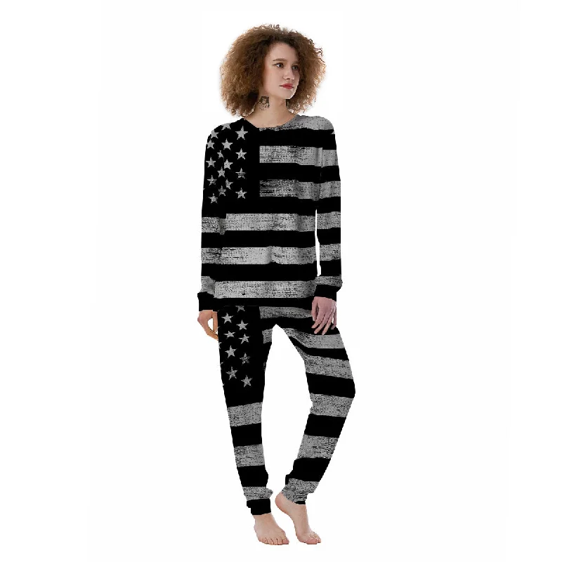 USA Flag White And Black Print Women's Pajamas