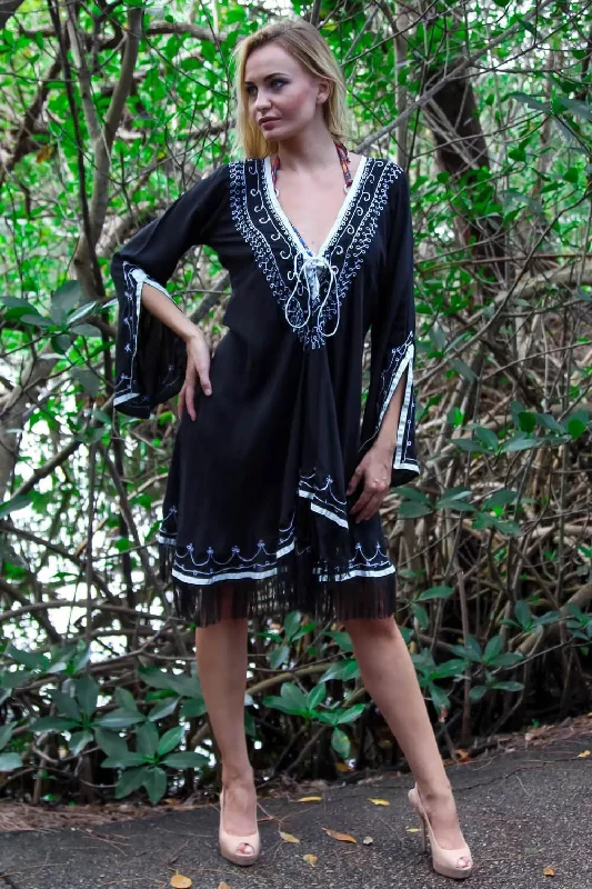 Cross Ties With Embroidery And Tassels / Tunic Style Dress