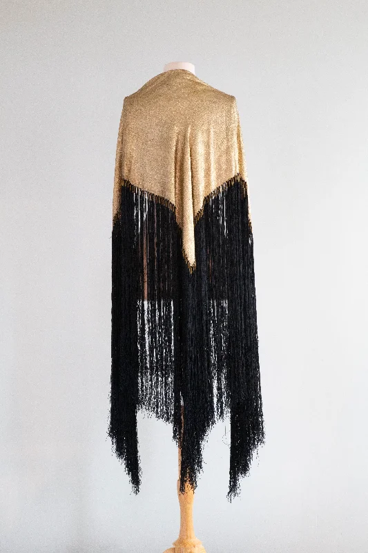 Exquisite 1920's Gold Lame’ and Black Fringe Evening Shawl / OS