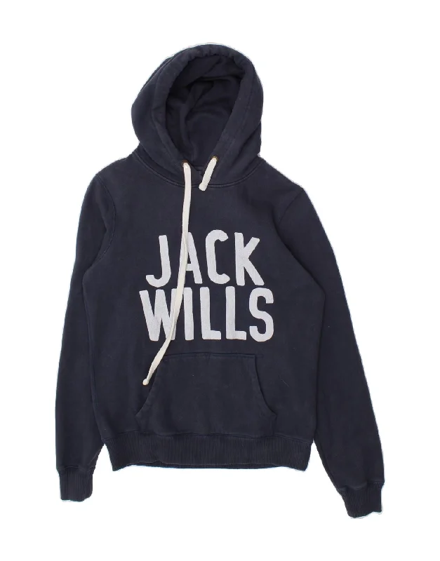 JACK WILLS Womens Graphic Hoodie Jumper UK 16 Large Navy Blue Cotton