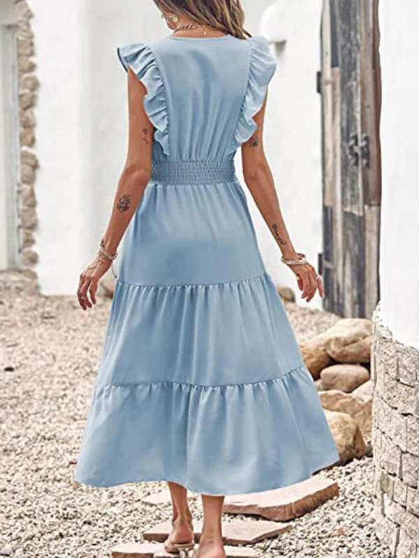 Tiered for Full-Length Flutter Color Chiffon Solid Arm Gown Women