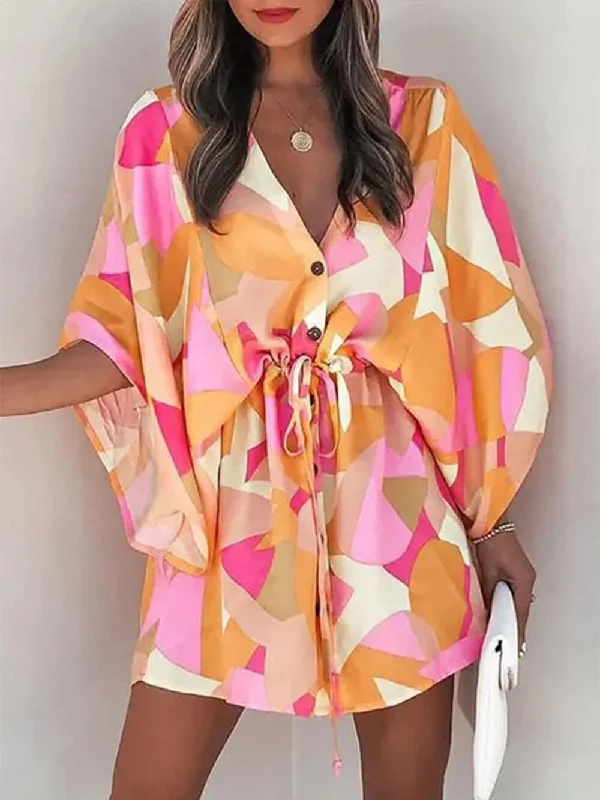 V-Neck Tie Printed Charming Batwing Sleeve Dress