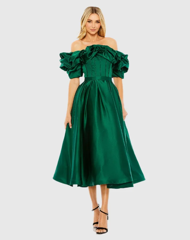 Emerald Off The Shoulder Tea Length Dress