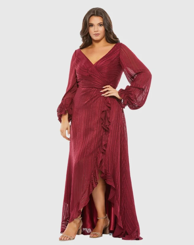 Striped Faux Wrap Bishop Sleeve Gown