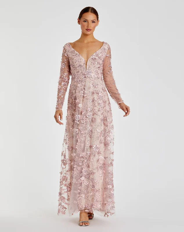 Floral Applique Long Sleeve Illusion Gown