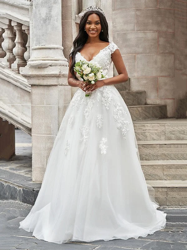 A-Line/Princess Tulle V-neck Applique Sleeveless Sweep/Brush Train Wedding Dresses