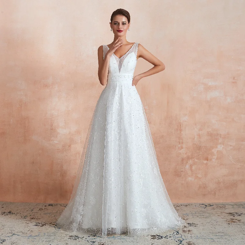 Beaded Fake Plunge V-neck Semi Formal Wedding Dresses with Tank Straps