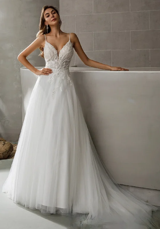 Beaded Straps V-Neck Lace A-Line Long Wedding Dress