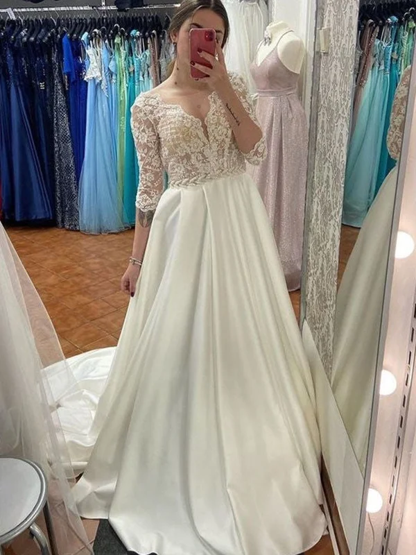 Half Sleeves V Neck Ivory Lace Top Long Prom Dresses, White Lace Formal Evening Dresses, Half Sleeve Ivory Wedding Dresses SP2195