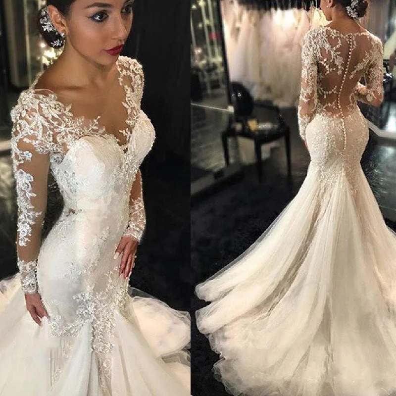 Long Sleeve Lace Mermaid Wedding Dresses,  Sexy See Through Long Custom Wedding Gowns, Affordable Bridal Dresses, 17101