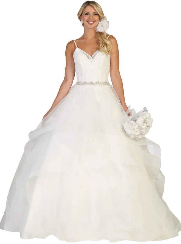 May Queen - RQ7644 Lace Embellished V-neck Ruffled A-line Gown