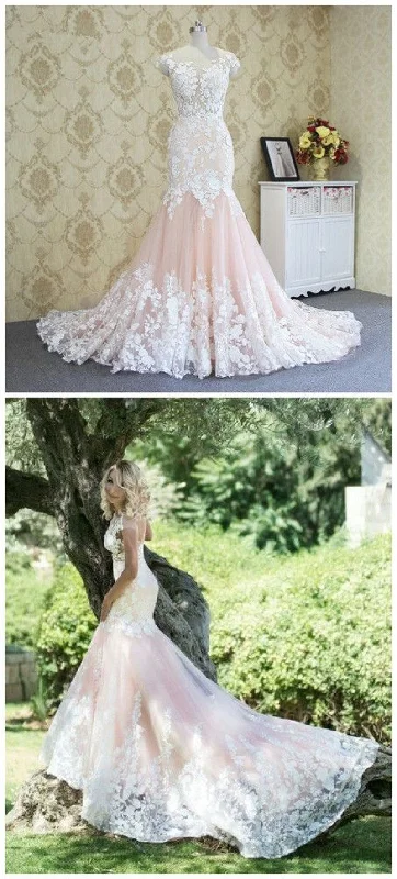 pink mermaid wedding dresses for bride 2020 lace appliqué cap sleeve elegant cheap wedding gown vestido de novia