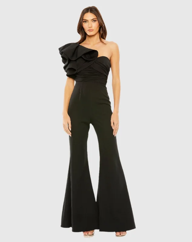 Black One Shoulder Ruffle Detail Flare Pant Jumpsuit