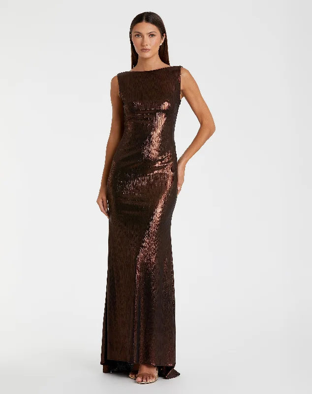 Brown Metallic Jersey Cowl Back Column Gown