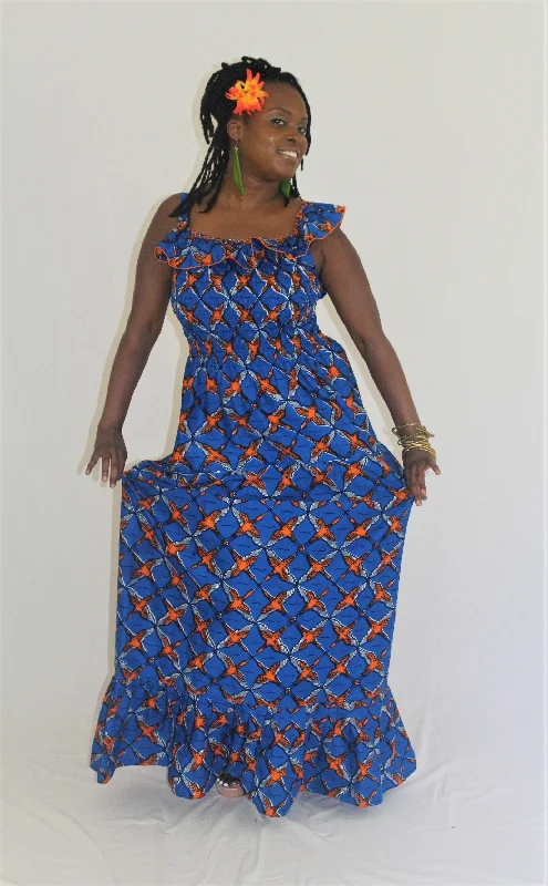 African Print Maxi Sun Dress - Orange Birds