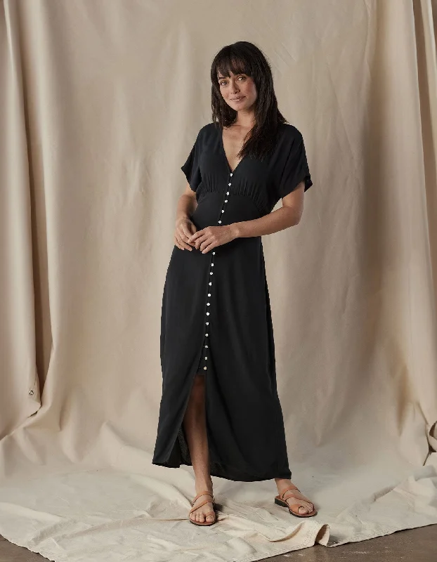 Aria Crepe Button Thru Maxi Dress in Black