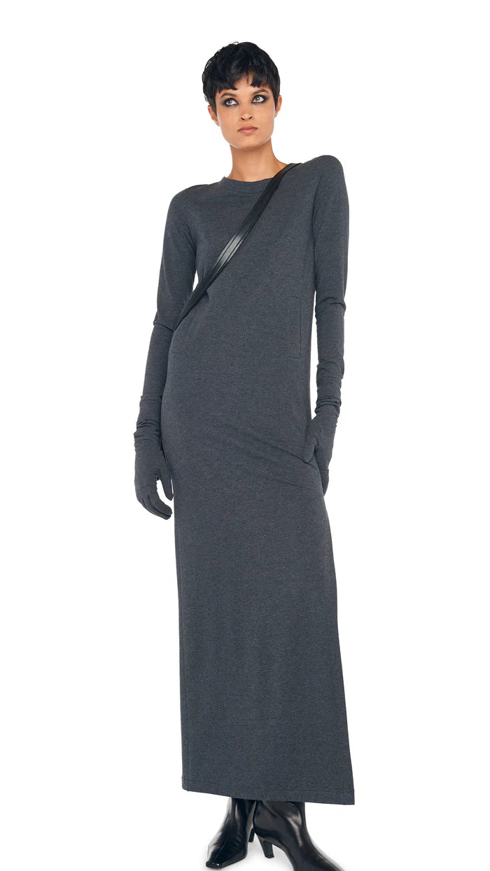 Long Sleeve Tailored Dress to Ankle w/ Slit - Dark Heather Grey