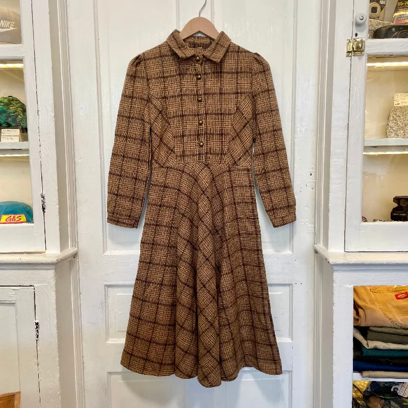 Vintage 70's Brown Plaid Long-Sleeve Wool Dress