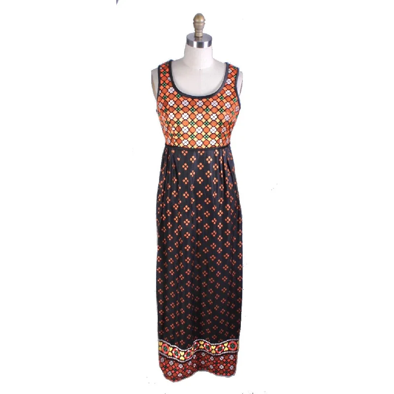 VTg 1960s Maxi Dress Gown Polka Dot Border Print Knit Sz S/M Knit Hippie Boho