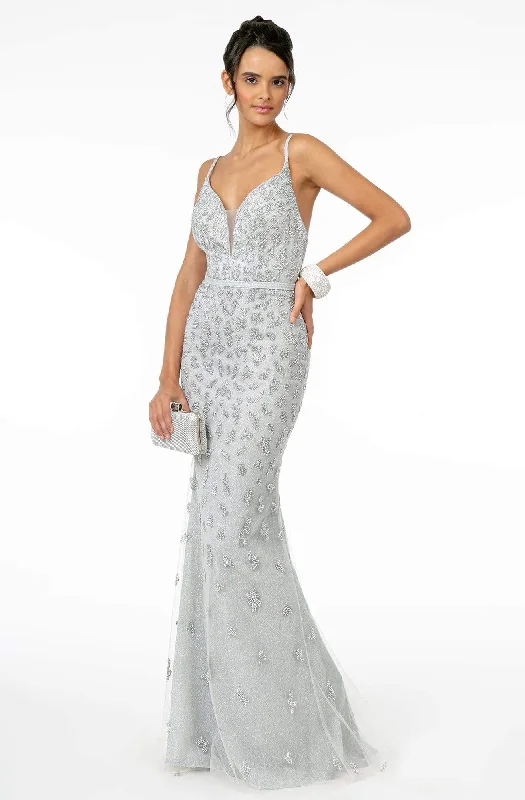 Elizabeth K - GL2917 Illusion Deep V-Neck Glitter Mesh Long Gown