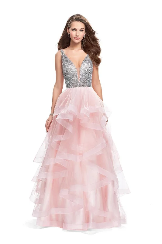 La Femme - 26223 Metallic Beaded Plunging Bodice Tulle Ballgown