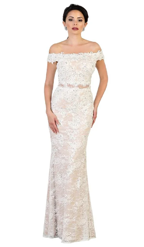 May Queen Beaded Lace Appliqued Off-Shoulder Gown RQ7497 - 1 pc Ivory/Nude In Size 16 Available