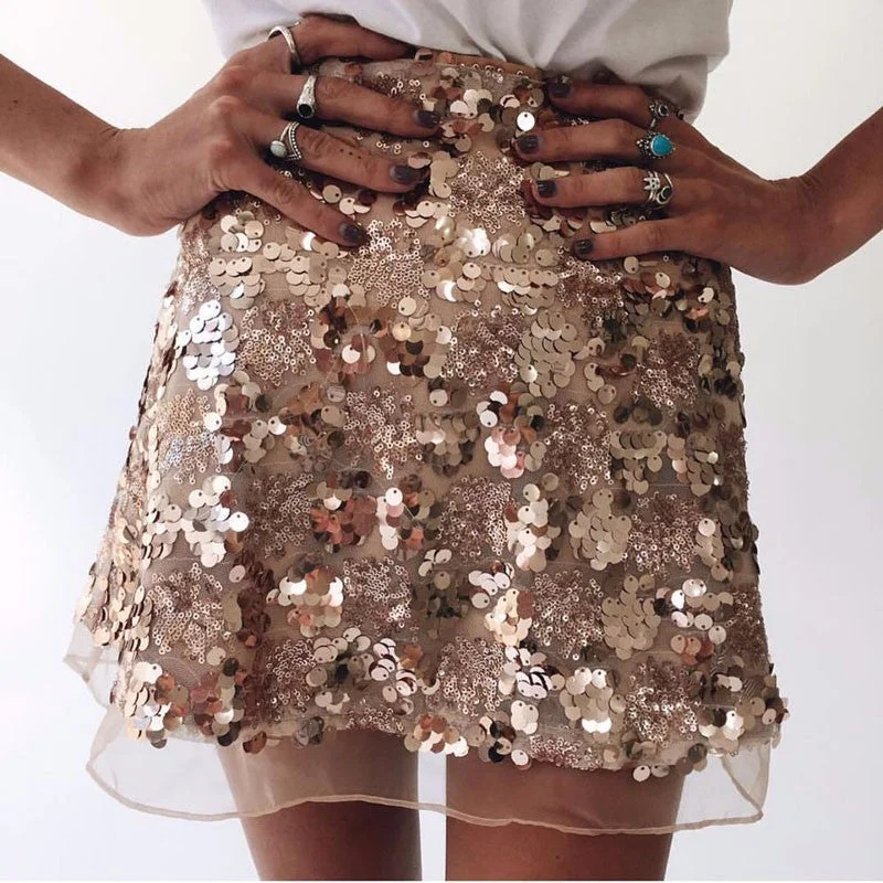 Shiny Glitter Sequins High Waist A Line Short Skirt