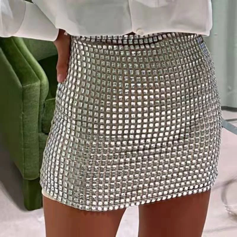 Shiny Sequins Chic Bodycon Solid Color Mini Skirt