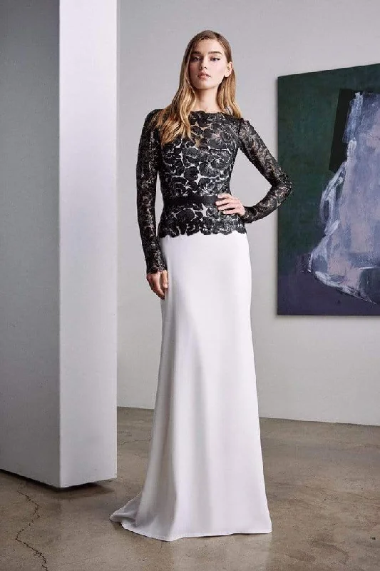 Tadashi Shoji - Long Illusion Floral Lace Sheath Gown - 1 pc Platinum/Navy In Size 6 Available