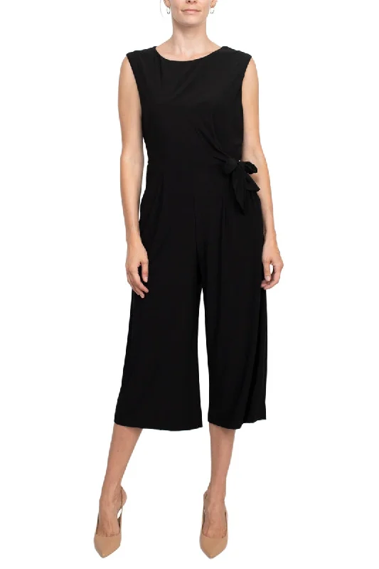 Emma & Michele Boat Neck Sleeveless Tie Side Solid Pockets ITY Jumpsuit