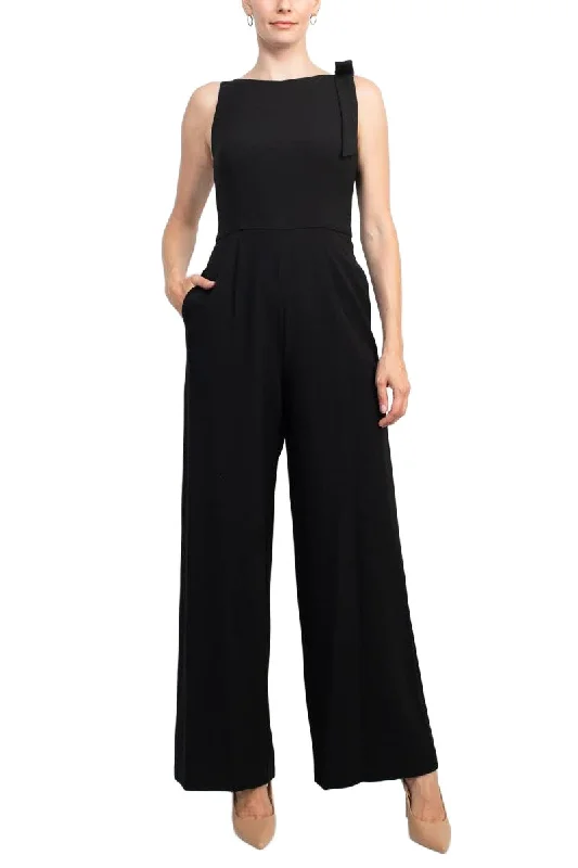 Julia Jordan Boat Neck Sleeveless Bow Shoulder Zipper Back Solid Crepe Jumpsuit