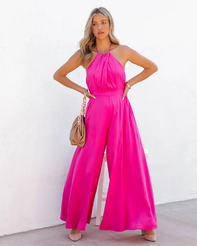 Luvy Wide Leg Halter Jumpsuit - Fuchsia