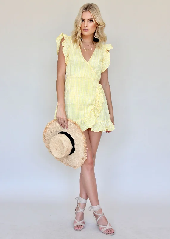 Neon Valley Wrap Dress - Yellow Gingham