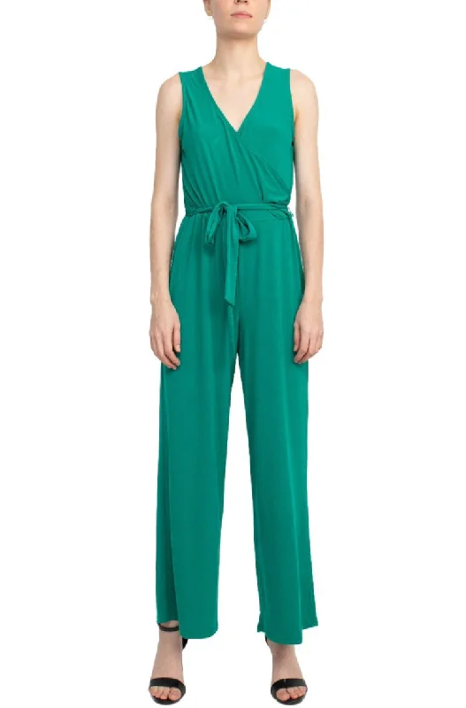 Nina Leonard V-Neck Sleeveless Front Tie Waist Jersey Jumpsuit