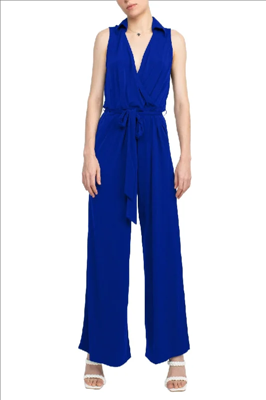 Nina Leonard V-Neck Pull Over Sleeveless Front Tie Waist Jersey Jumpsuit