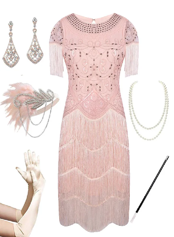 Pink Gatsby Glitter Fringe 1920s Flapper Dress Set