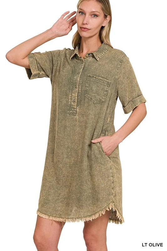 Washed Linen Raw Hem Dress -Olive Gold