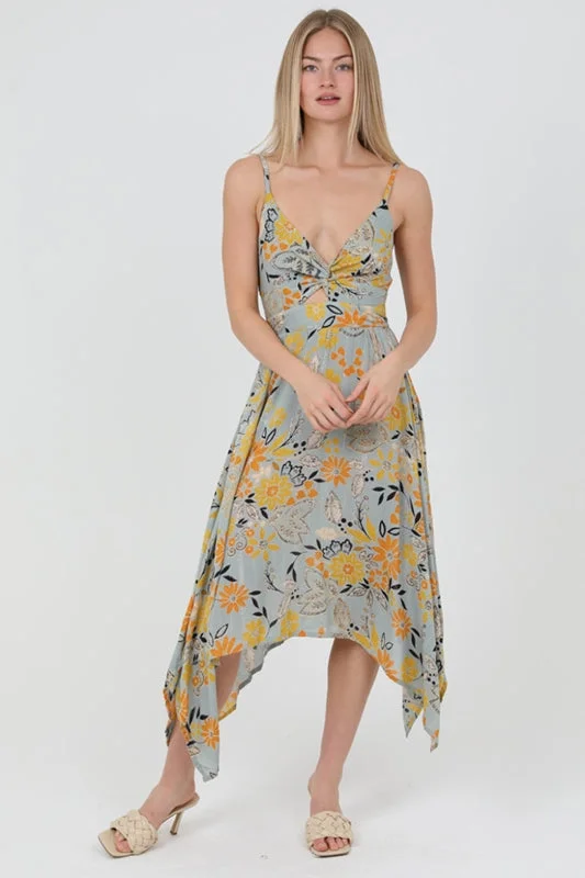 Angie Jeena Floral Handkerchief Dress - Slate/ Blue Metallic