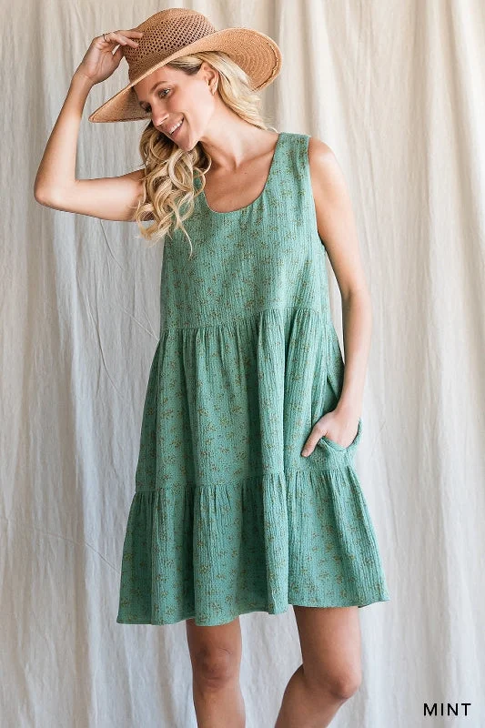 Gauze Ditsy Floral Print Tier Dress - Mint