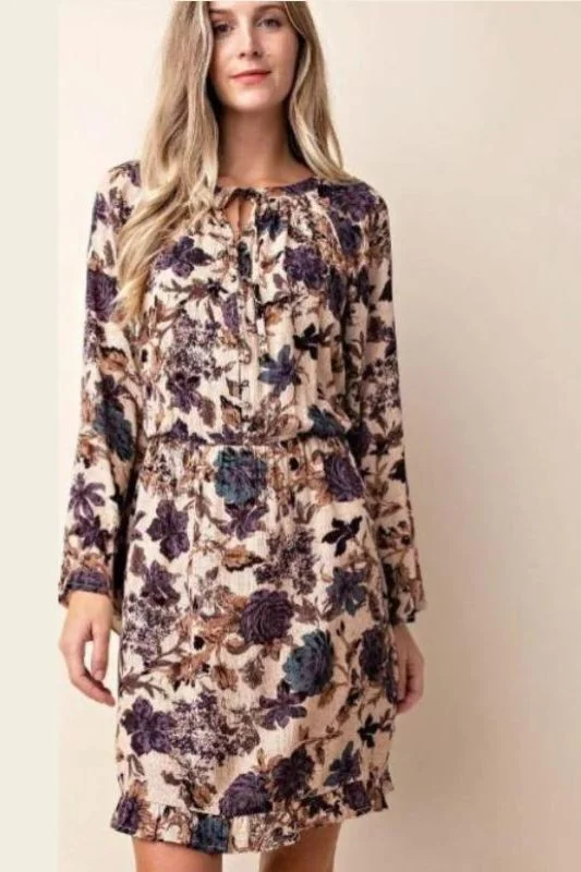 Kori Floral Ruffle Hem Dress - Taupe/Purple