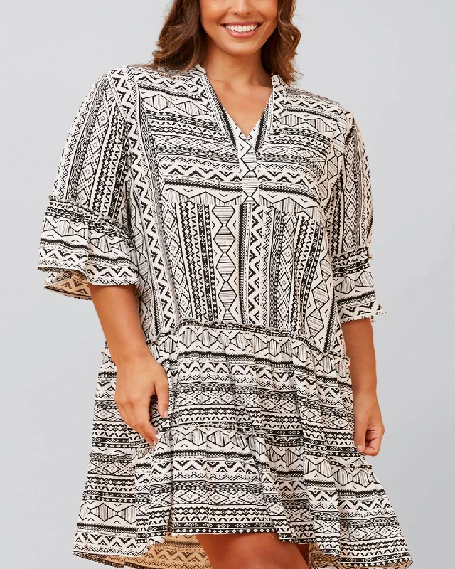 Louise Dress Geo Aztec Print V-Neck | Black