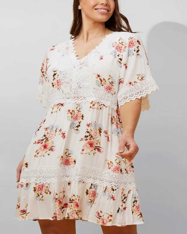 Sara Short Dress Floral Print Embroidered White | White