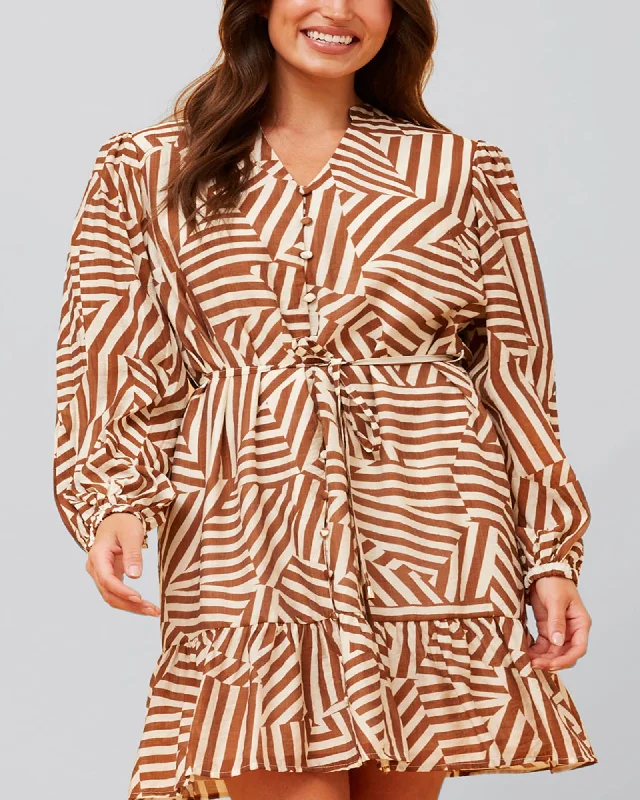 Sylvana Dress Long Puffy Sleeve Geo Print | Beige