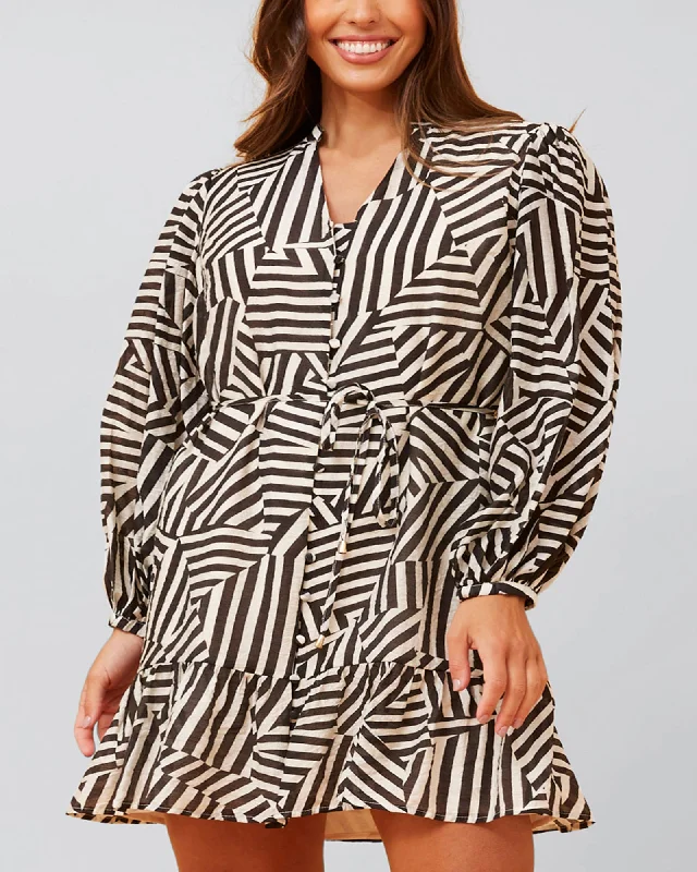 Sylvana Dress Long Puffy Sleeve Geo Print | Black