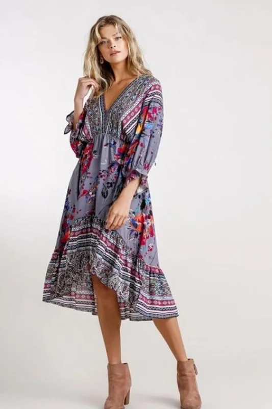 Umgee Mixed Print Hi Lo Dress - Grey Combo