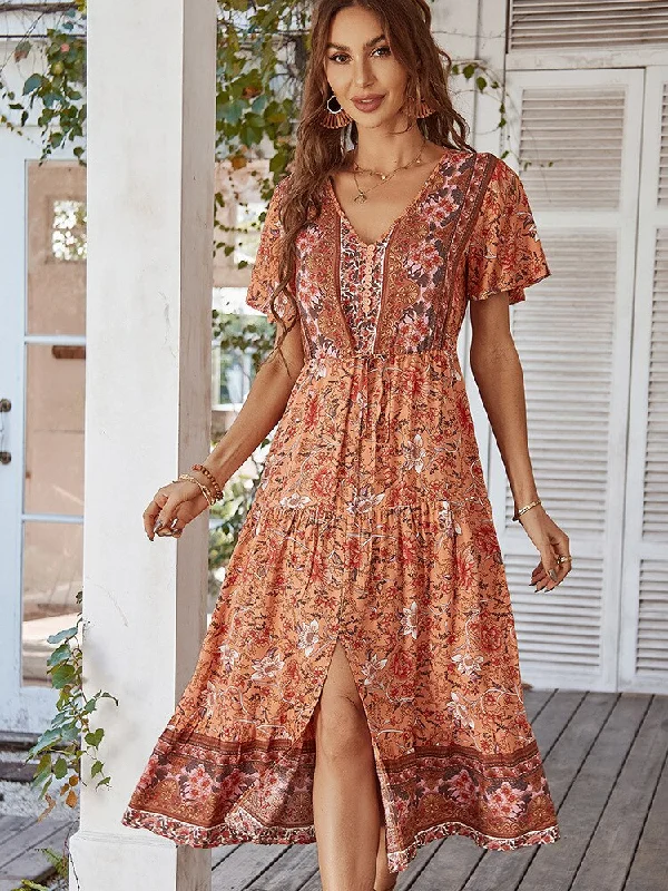 2023 Summer Short Sleeve Fashion Print V-neck Sexy Long Skirt Bohemian Dresses