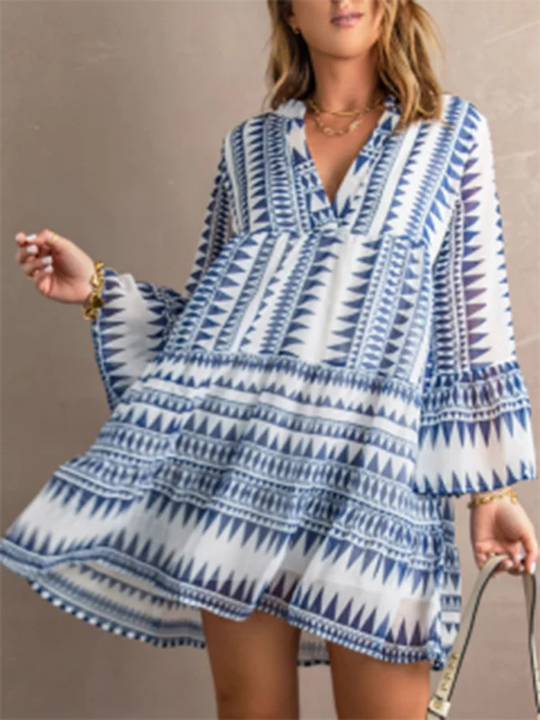 Blue Zone Planet |  resort style printed short skirt deep v-neck long sleeve dress