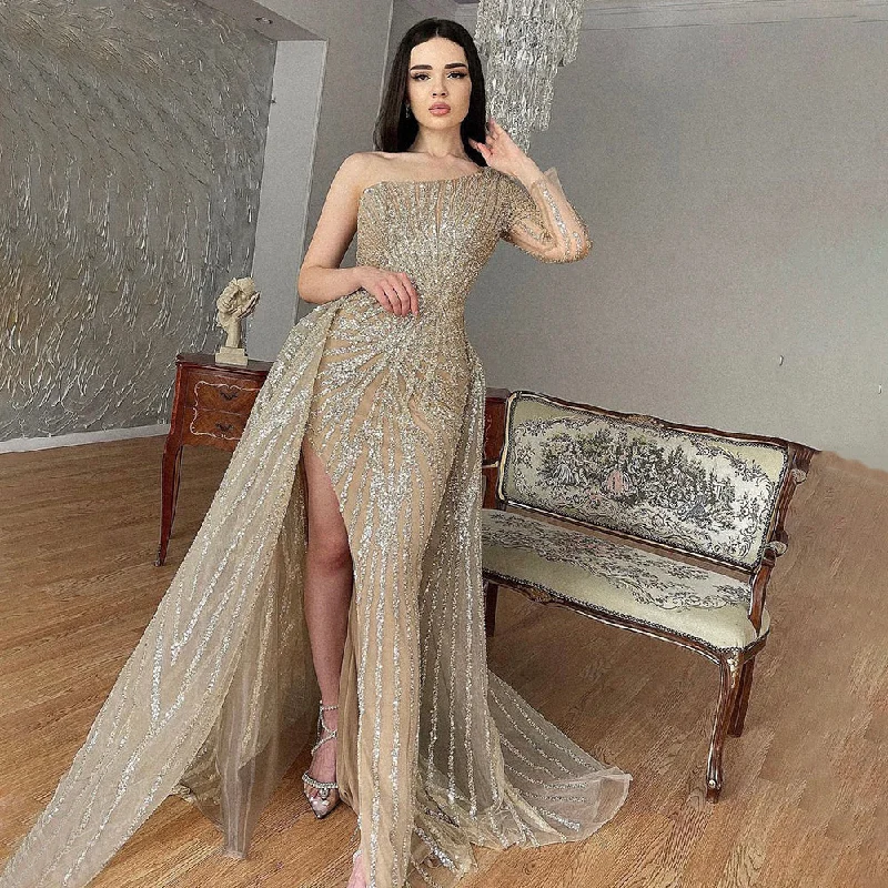 Serene Hill Caramel Mermaid One-Shoulder Llong Sleeves Detachable Skirt Evening Dresses Gowns 2024 Elegant Beaded Luxury LA71677