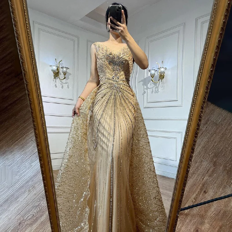 Serene Hill Gold O-neck Long Sleeves Mermaid Beaded Overskirt Evening Dresses Formal Party Gowns For Women 2024 LA72087